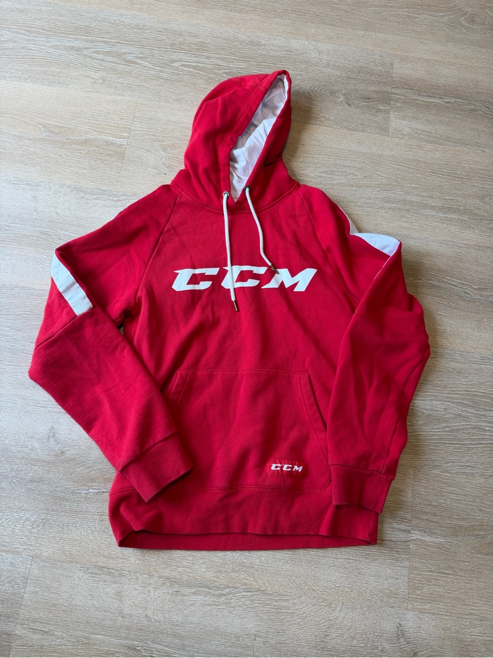CCM Red Hoodie with White Logo and Sleeve Stripes size SM
